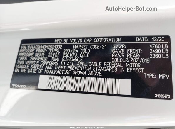 YV4AC2HM3M2521932 2021 VOLVO XC40 White Widok komory silnika