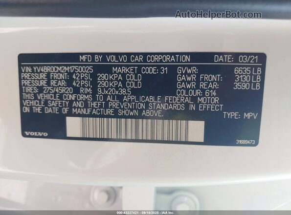 YV4BR0CM2M1750025 2021 VOLVO XC90 RECHARGE PLUG-IN HYBRID Белый Вид подкапотного пространства
