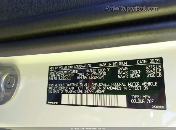 YV4ED3GM1P2033587 2023 VOLVO C40 RECHARGE PURE ELECTRIC White Вид підкапотного простору