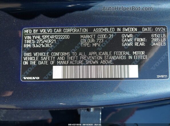 YV4L12PE4R1222200 2024 VOLVO XC90 Light Blue 