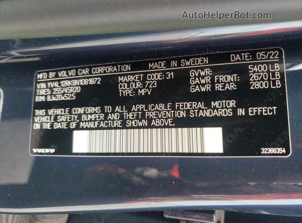YV4L12RK8N1081872 2022 VOLVO XC60 Blue Widok naklejki z numerem VIN