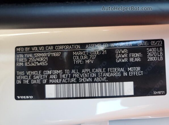 YV4L12RMXR1711687 2024 VOLVO XC60 White Vista de la etiqueta del VIN
