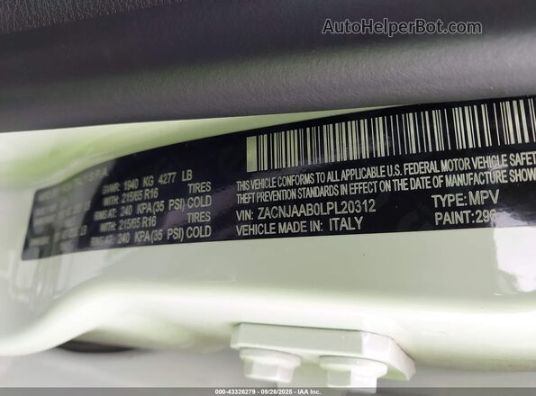 ZACNJAAB0LPL20312 2020 JEEP RENEGADE White Вид підкапотного простору