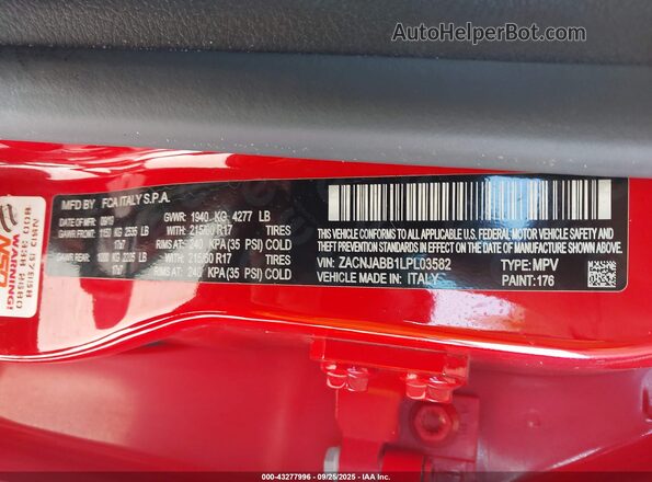 ZACNJABB1LPL03582 2020 JEEP RENEGADE Red ძრავის განყოფილების ხედი