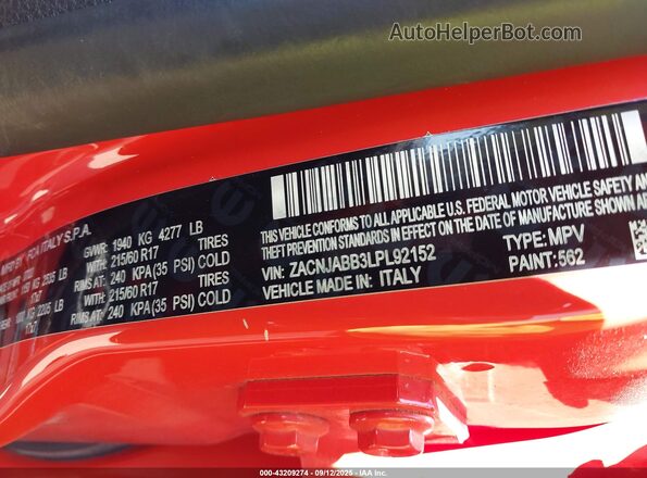 ZACNJABB3LPL92152 2020 JEEP RENEGADE Orange Շարժիչի բաժամունքի տեսք