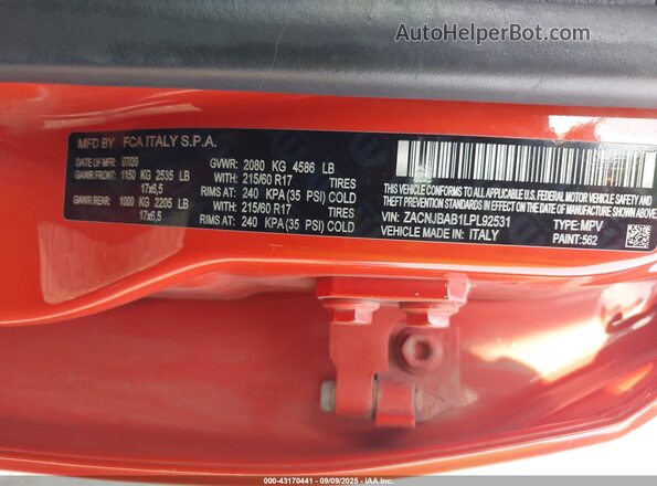 ZACNJBAB1LPL92531 2020 JEEP RENEGADE Orange Engine compartment view