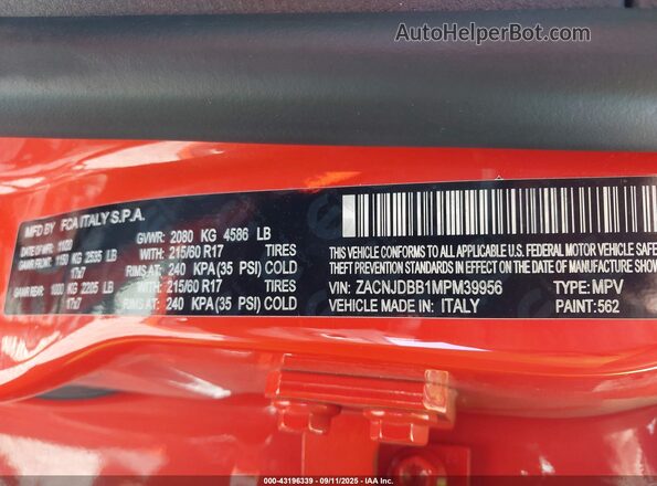ZACNJDBB1MPM39956 2021 JEEP RENEGADE Оранжевый Вид подкапотного пространства