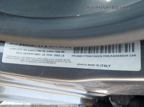 ZAM57YTS0K1332378 2019 MASERATI GHIBLI Gray ძრავის განყოფილების ხედი