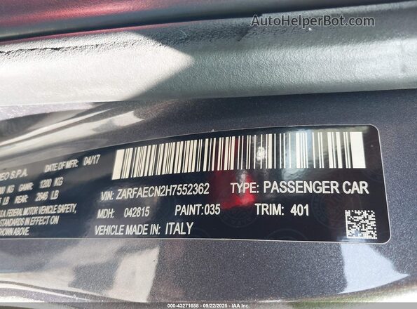 ZARFAECN2H7552362 2017 ALFA ROMEO GIULIA Gray 