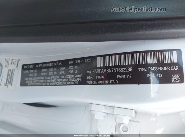 ZARFAMBN7N7663299 2022 ALFA ROMEO GIULIA White Вид підкапотного простору