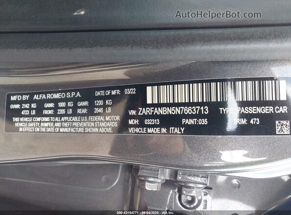ZARFANBN5N7663713 2022 ALFA ROMEO GIULIA Серый 