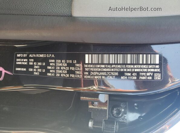 ZASPAJANXL7C76295 2020 ALFA ROMEO STELVIO Black Widok naklejki z numerem VIN