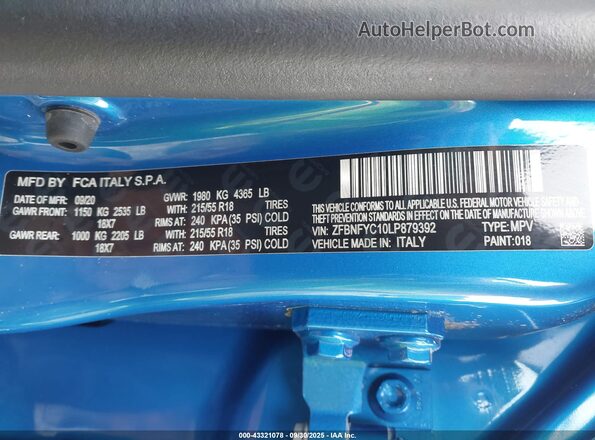 ZFBNFYC10LP879392 2020 FIAT 500X Blue Շարժիչի բաժամունքի տեսք