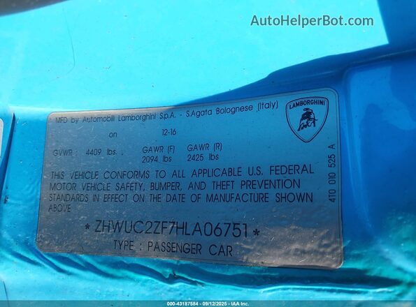 ZHWUC2ZF7HLA06751 2017 LAMBORGHINI HURACAN Синий Вид подкапотного пространства