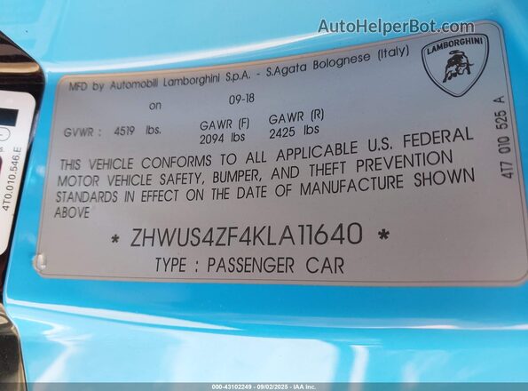 ZHWUS4ZF4KLA11640 2019 LAMBORGHINI HURACAN Синий Вид подкапотного пространства