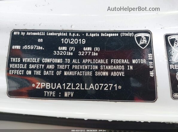 ZPBUA1ZL2LLA07271 2020 LAMBORGHINI URUS Белый Вид подкапотного пространства