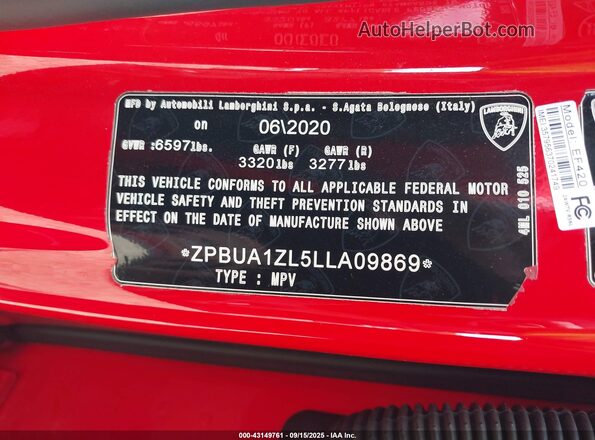 ZPBUA1ZL5LLA09869 2020 LAMBORGHINI URUS Красный 