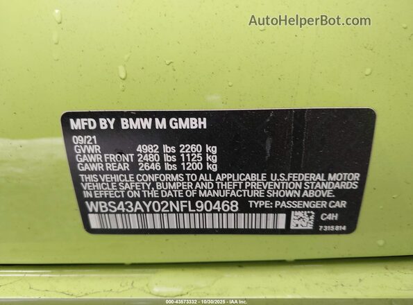 WBS43AY02NFL90468 2022 BMW M3 Green Շարժիչի բաժամունքի տեսք