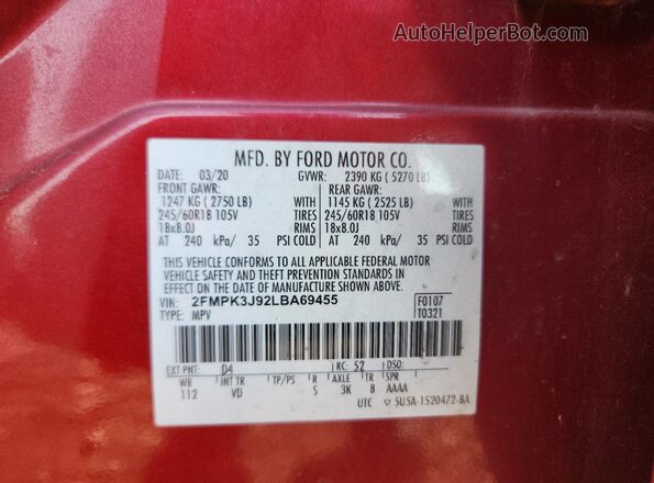 2FMPK3J92LBA69455 2020 FORD EDGE Red სალონის 360-გრადუსიანი ხედი