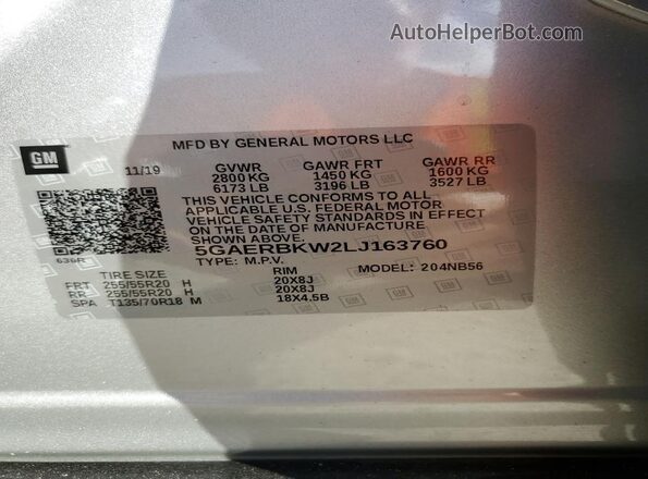 5GAERBKW2LJ163760 2020 BUICK ENCLAVE Silver Widok naklejki z numerem VIN
