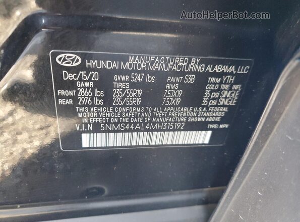 5NMS44AL4MH315192 2021 HYUNDAI SANTA Черный 