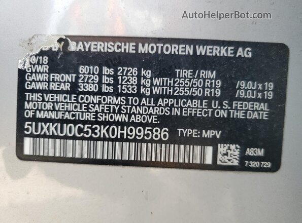 5UXKU0C53K0H99586 2019 BMW X6 Silver 