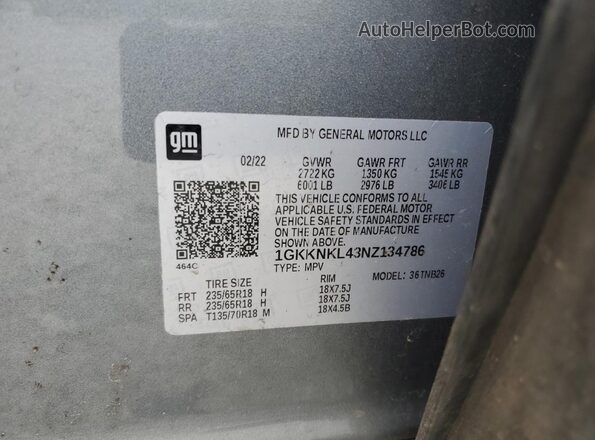 1GKKNKL43NZ134786 2022 GMC ACADIA Gray Vista interior de 360 grados