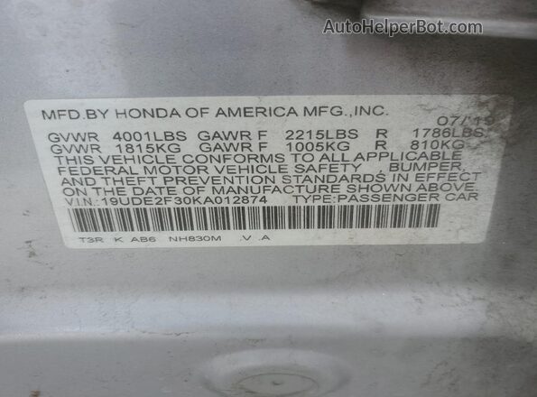 19UDE2F30KA012874 2019 ACURA ILX Silver 