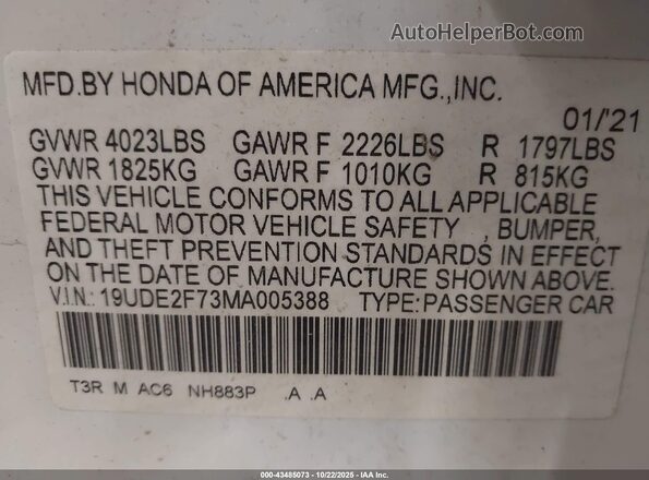 19UDE2F73MA005388 2021 ACURA ILX White Widok komory silnika