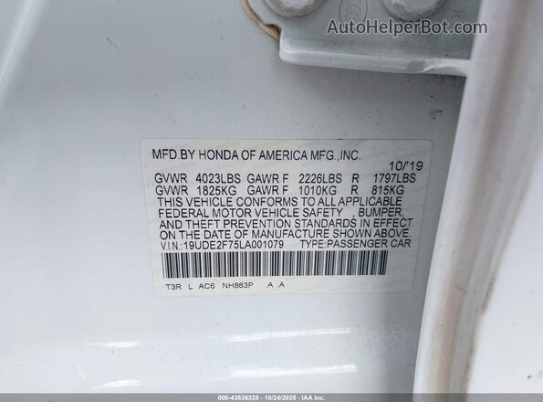 19UDE2F75LA001079 2020 ACURA ILX White Widok komory silnika