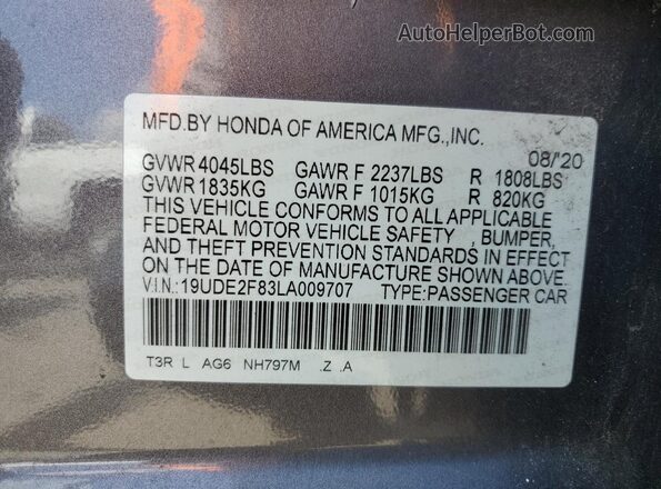 19UDE2F83LA009707 2020 ACURA ILX Charcoal Вид наклейки з VIN-кодом