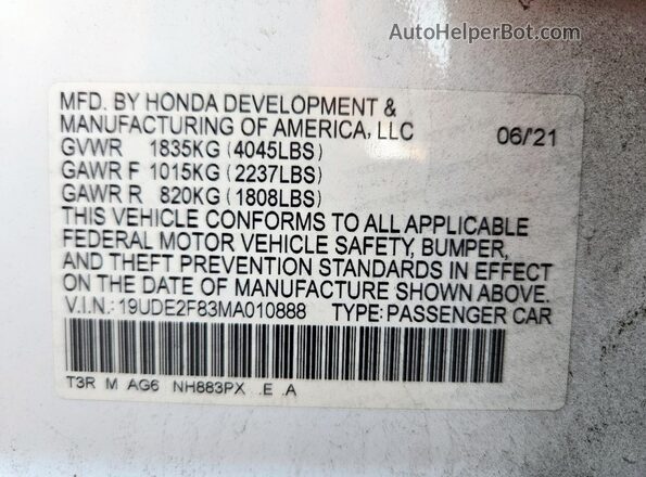 19UDE2F83MA010888 2021 ACURA ILX White Vista de la etiqueta del VIN