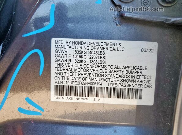 19UDE2F89NA005194 2022 ACURA ILX Gray Вид підкапотного простору