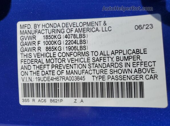 19UDE4H67RA003845 2024 ACURA INTEGRA Blue Widok naklejki z numerem VIN