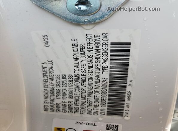 19UDE5G98SA002243 2025 ACURA INTEGRA White Vista de la etiqueta del VIN