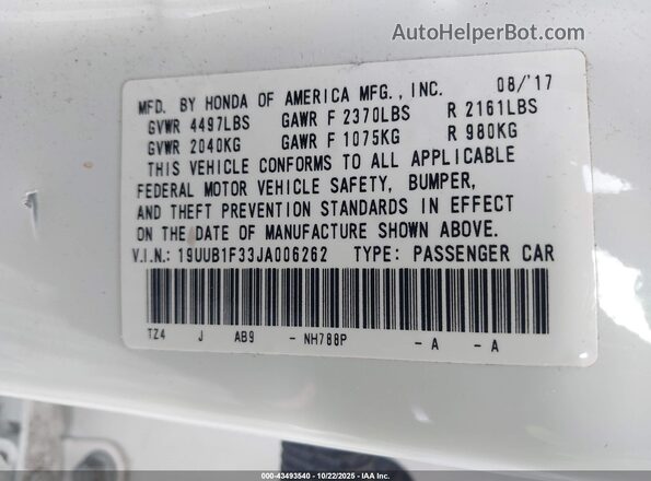 19UUB1F33JA006262 2018 ACURA TLX White 