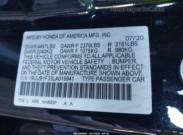 19UUB1F33LA016941 2020 ACURA TLX Черный Вид подкапотного пространства