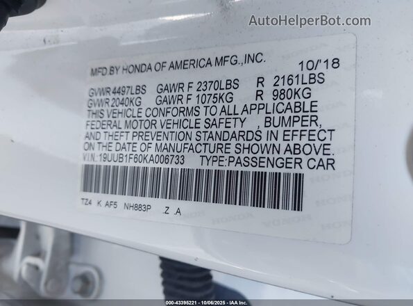 19UUB1F60KA006733 2019 ACURA TLX White Widok komory silnika