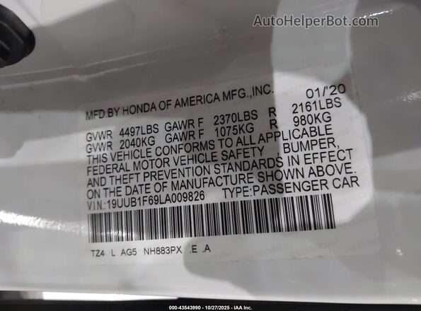19UUB1F69LA009826 2020 ACURA TLX White Vista del compartimento del motor