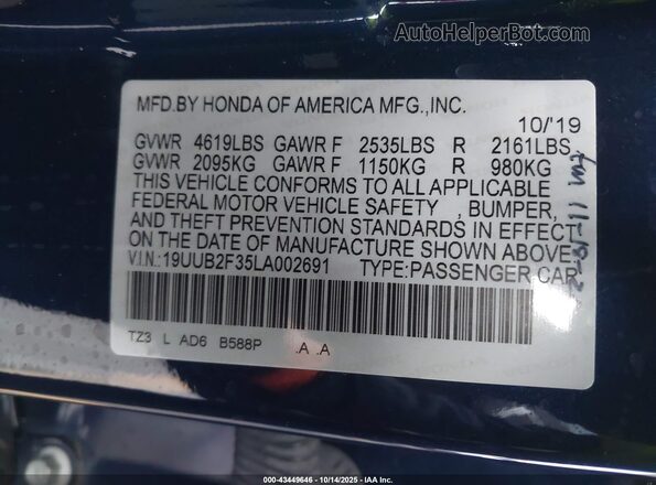 19UUB2F35LA002691 2020 ACURA TLX Синий Вид подкапотного пространства
