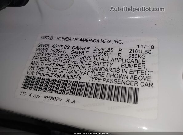 19UUB2F46KA008555 2019 ACURA TLX White Շարժիչի բաժամունքի տեսք