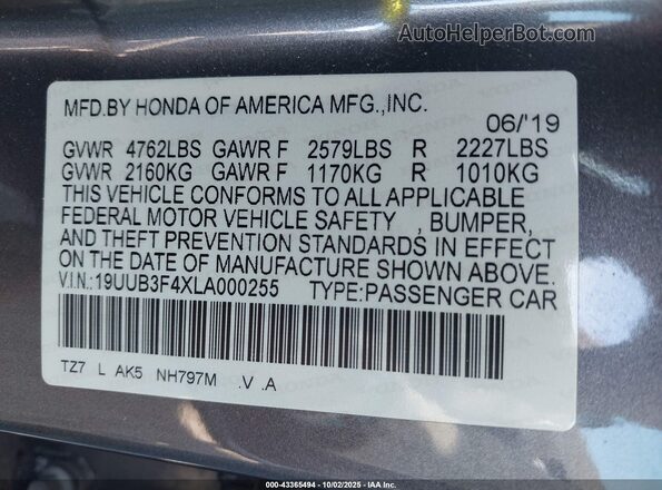 19UUB3F4XLA000255 2020 ACURA TLX Gray Շարժիչի բաժամունքի տեսք
