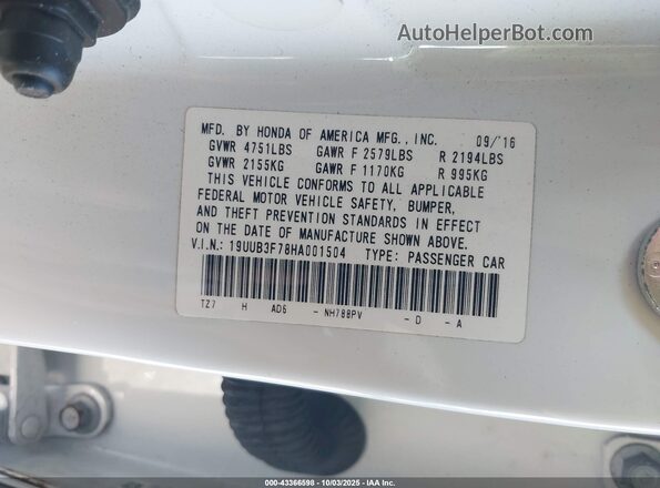 19UUB3F78HA001504 2017 ACURA TLX Белый 
