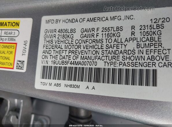 19UUB5F44MA007070 2021 ACURA TLX Silver Widok komory silnika