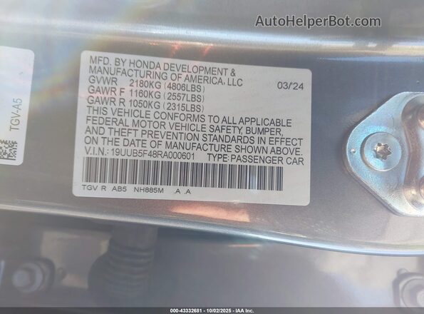 19UUB5F48RA000601 2024 ACURA TLX Gray Շարժիչի բաժամունքի տեսք