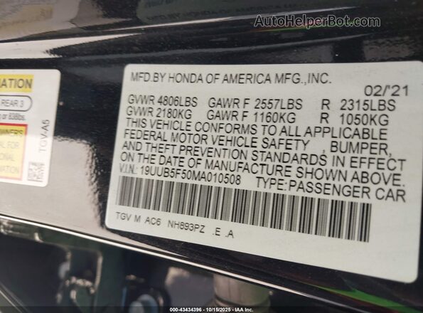 19UUB5F50MA010508 2021 ACURA TLX Black Engine compartment view
