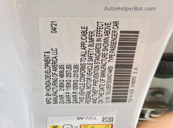 19UUB5F50MA014459 2021 ACURA TLX White 