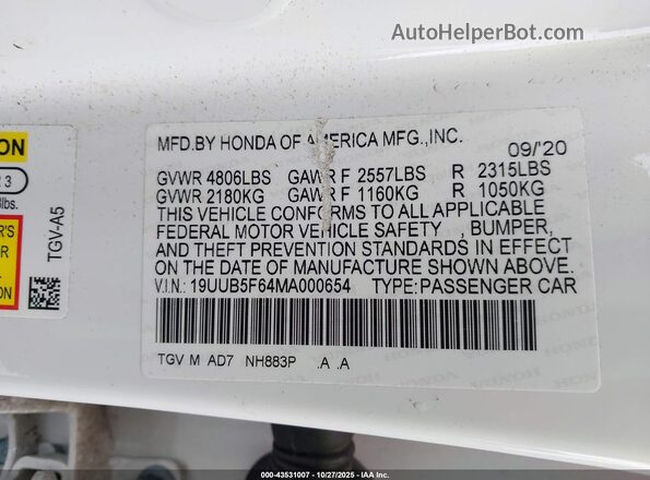 19UUB5F64MA000654 2021 ACURA TLX White Vista del compartimento del motor
