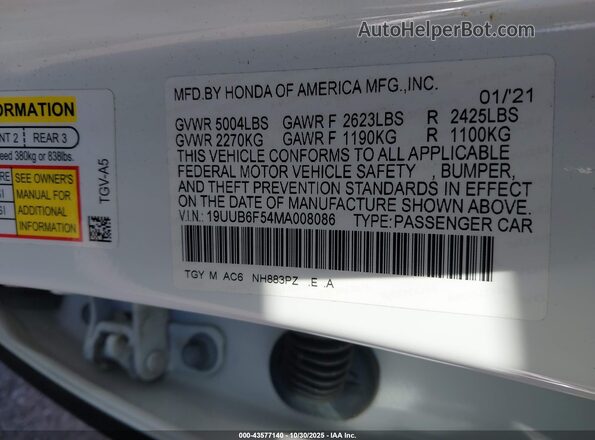 19UUB6F54MA008086 2021 ACURA TLX White Engine compartment view