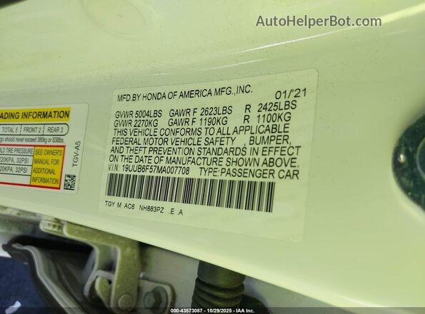 19UUB6F57MA007708 2021 ACURA TLX White Vista del compartimento del motor